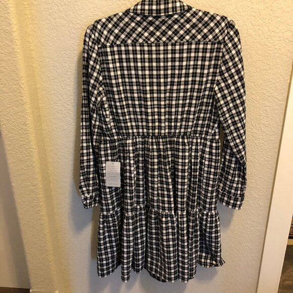NWT ELIZA J Black & White Plaid Flannel Boho Tiered Mini Dress 10 - Picture 3 of 4